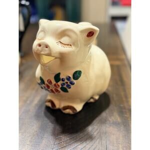 Smiley Vintage Shawnee Pig Pitcher 1950s USA Hand Painted Floral Design